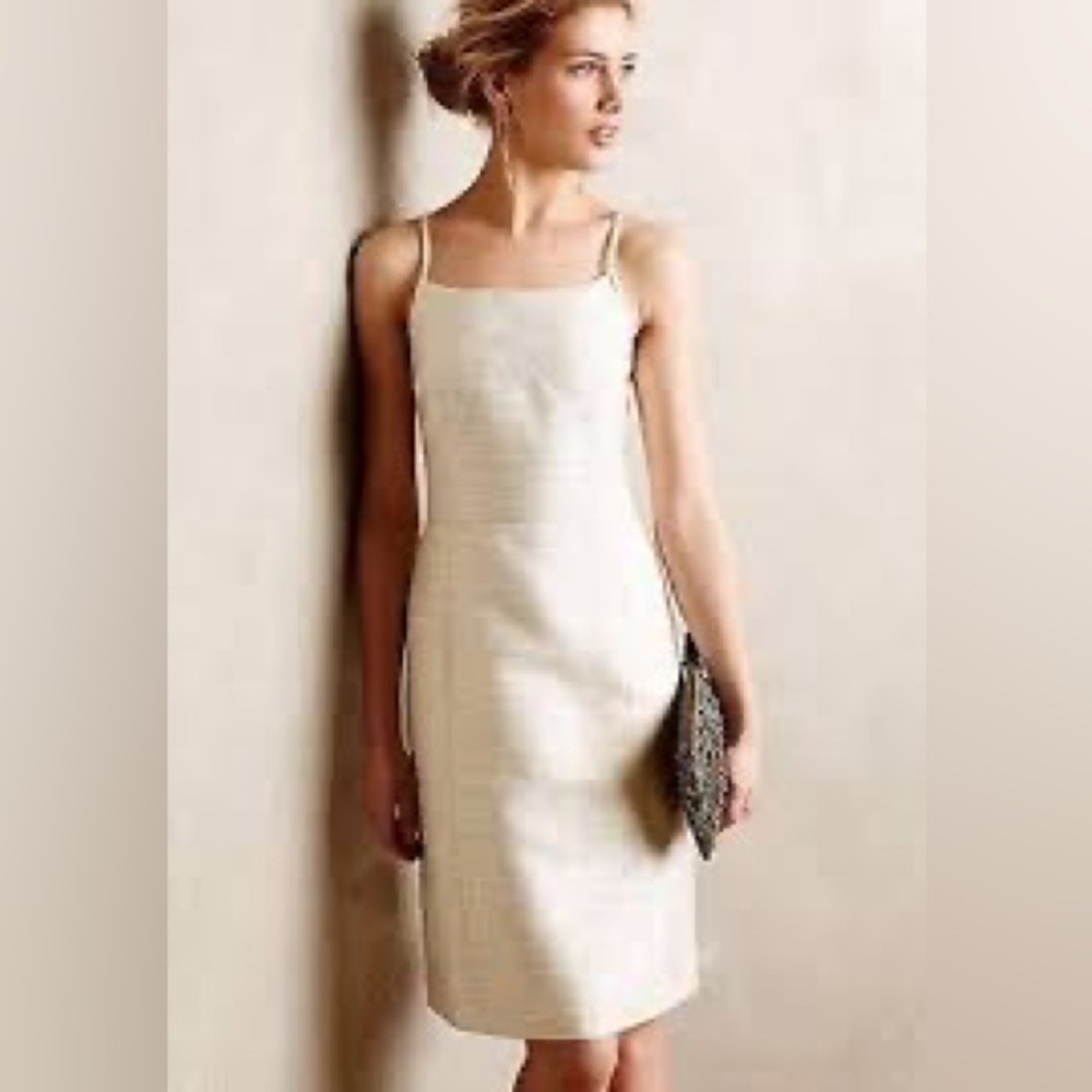 Anthropologie Paper Crown Cream & Gold Fitted Sheath Dress 2 NWT